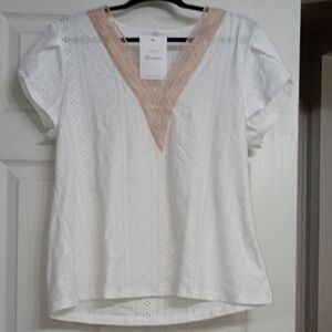 St. John's Bay White and Tan Eyelet Blouse